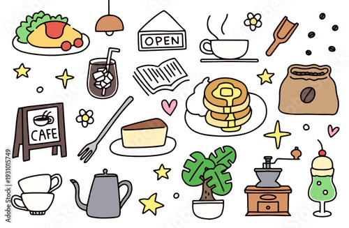 カフェでのランチやティータイムをイメージしたイラストセット