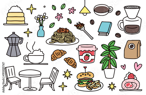 喫茶店をイメージした食べ物や物のイラストセット
