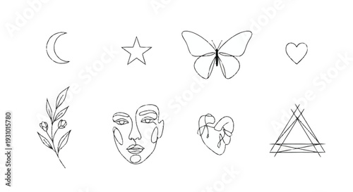 Minimalist line of moon star butterfly heart plant face abstract shapes line minimalist
