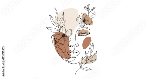 Minimalist line of woman's face with flowers and leaves line woman's face abstract