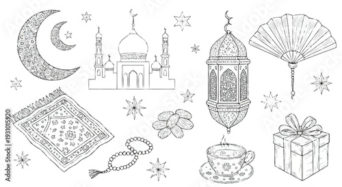 Ramadan symbols and including mosque prayer mat lantern crescent moon