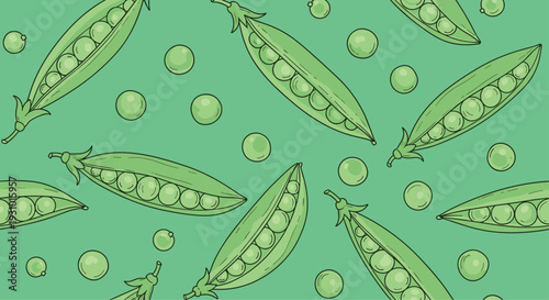 Vibrant seamless pattern displaying various open and closed green pea pods with round peas scattered over a matching light green background.