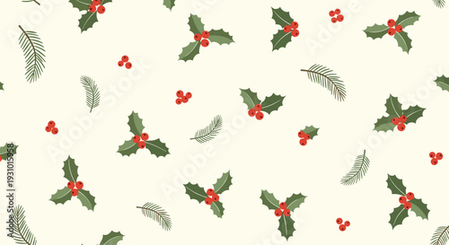 Festive seamless pattern featuring green holly leaves with red berries and pine needles on a light cream background for christmas decorations.