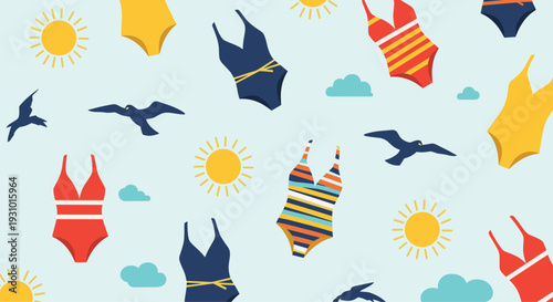 Summertime seamless pattern featuring various colorful one-piece swimsuits, bright yellow suns, blue seagulls, and clouds on a light blue background.