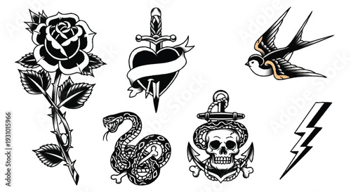 Traditional tattoo with rose snake heart bird skull anchor lightning bolt tattoo rose