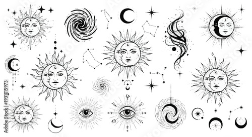 Black and white celestial symbols suns moons stars constellations