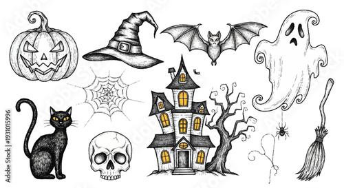 Halloween including jack o lantern witch hat bat ghost black cat skull spider web haunted house