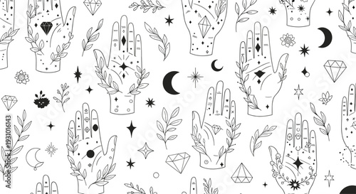 Enchanting seamless black and white pattern featuring mystical hands with celestial symbols, moon crescents, stars, diamonds, and botanical leaves.