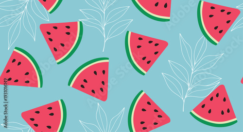 Refreshing summer seamless pattern displaying red watermelon slices with seeds and white botanical leaf outlines on a bright blue background.