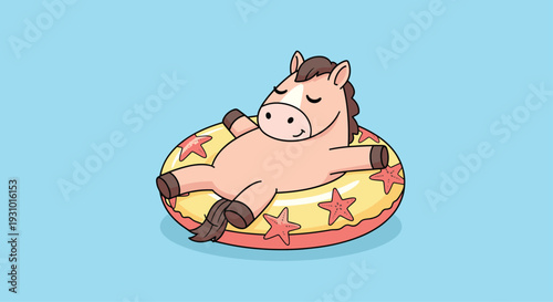 Relaxing cartoon illustration of a cute horse with its eyes closed napping peacefully on a yellow inflatable tube decorated with pink starfish.