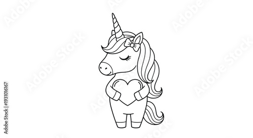 Sweet line art coloring page featuring a small baby unicorn with a bow on its head sitting down and holding a large heart in its front hooves.