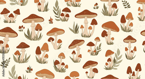 Natural seamless pattern featuring a variety of wild brown and orange mushrooms with green leaves on a light cream background for nature lovers.