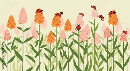 Beautiful floral seamless pattern showcasing many red ladybugs crawling on tall stalks of orange and pink flowers in a lush summer garden.