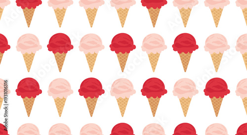 Delicious seamless pattern featuring rows of red strawberry and pink vanilla ice cream cones on a clean white background for summer themes.
