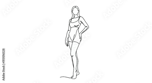 Woman in short dress standing with one hand on hip line black and white