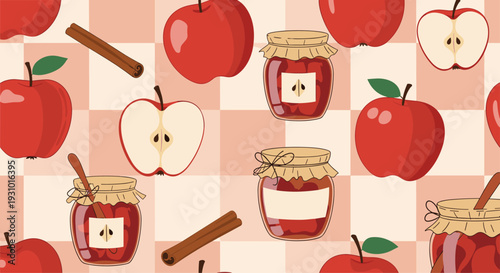 Autumn harvest seamless pattern featuring red apples, jars of apple jam, and cinnamon sticks on a beige and white checkered background.
