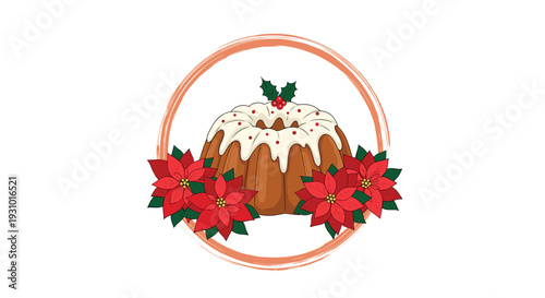 Festive Christmas bundt cake decorated with white frosting and holly berries surrounded by red poinsettia flowers.