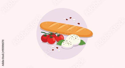 Mediterranean style food illustration featuring a crusty baguette with cherry tomatoes and fresh mozzarella balls.