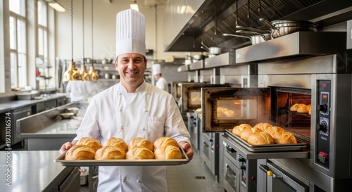 a chef in a commercial kitchen holding a tray of golden brown croissants next to an oven with more p