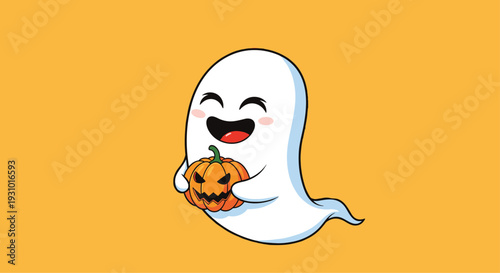 Cute white ghost character with a happy face holding a carved jack-o-lantern against a solid orange background.