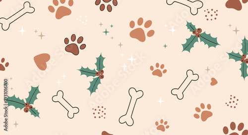 Christmas themed pet pattern with brown paw prints, white bones, and green holly leaves on a light beige background.