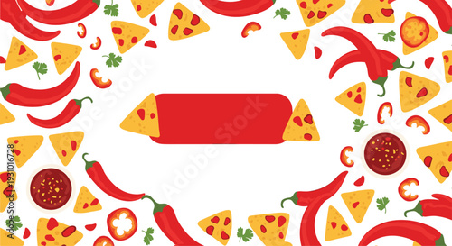 Festive Mexican food background with tortilla chips, red chili peppers, bowls of salsa, and fresh cilantro leaves.