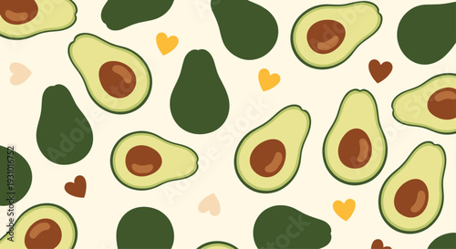 Healthy seamless pattern featuring avocado halves with pits and small yellow hearts on a light cream background.
