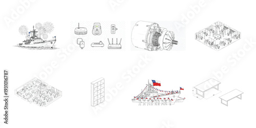 Black and white line of ship with fireworks naval vessel electrical motor office layouts and