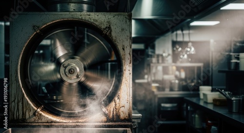 A large industrial fan in a kitchen with steam rising from it. close up detail view industrial kitch