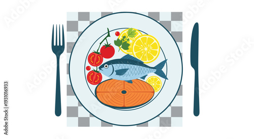 Healthy meal illustration of a whole fish and salmon steak served with tomatoes, lemons, and herbs on a plate.