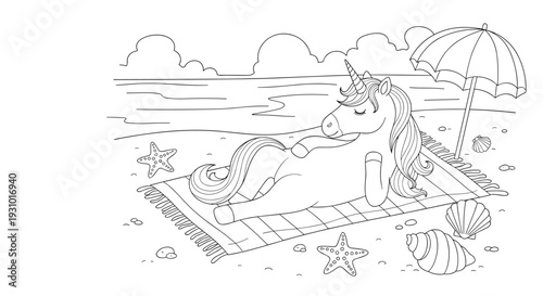 Detailed black and white coloring page of a unicorn relaxing on a beach towel by the sea under a sun umbrella.