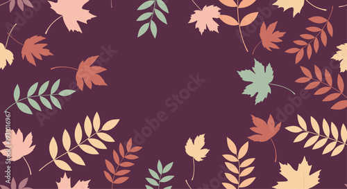 Elegant autumn pattern with various colorful leaves and foliage scattered over a deep dark purple background color.