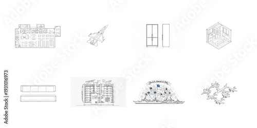 Black and white line of various scenes including airplane fighter jet refrigerator bedroom