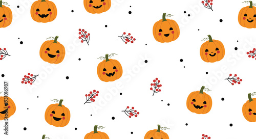Seamless pattern with cute hand drawn jack-o-lantern pumpkins and red berries on white background for halloween holiday celebration.
