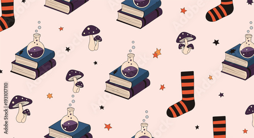 Magical seamless pattern with potion flasks old books mysterious mushrooms and witch socks on light background for halloween and fantasy.