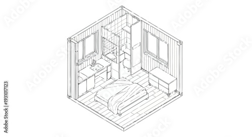Isometric view of small bedroom interior with bed and bathroom small room