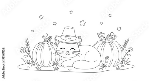 Cute cat wearing a pilgrim hat sitting between two pumpkins in a field coloring page for kids thanksgiving celebration and autumn fun.