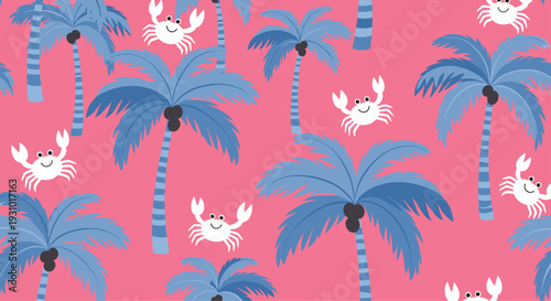 Beach vacation seamless pattern with blue palm trees and white crabs on a vibrant pink background for summer holiday textile and design.