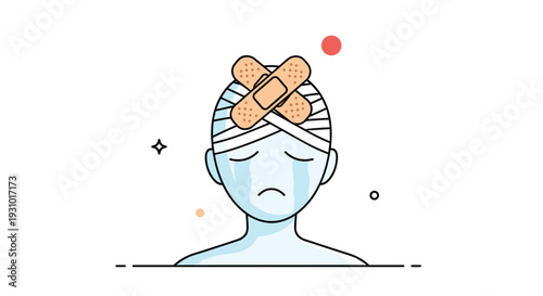 Sad person with head injury wearing bandage and band-aids on forehead illustration for health insurance and medical recovery concept.
