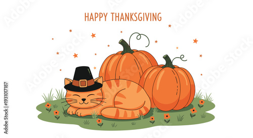 Adorable orange cat wearing a black pilgrim hat resting on grass with large pumpkins for thanksgiving holiday greeting and autumn decor.