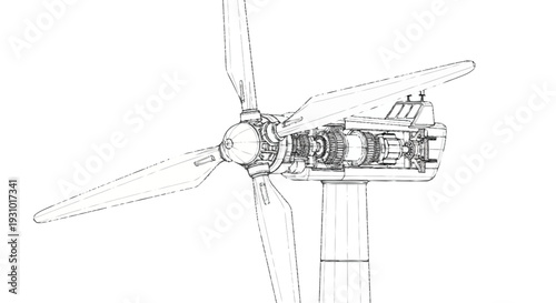 Wind turbine generator with three blades and mechanical components exposed
