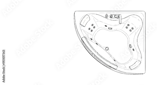 Black and white line of a semicircular hot tub with jets and controls bathtub whirlpool