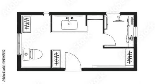 Black and white floor plan of a small apartment with kitchen sink toilet and beds