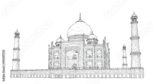 Black and white of the Taj Mahal with domes and minarets line architecture monument