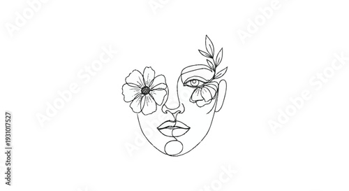Minimalist line of a face with flowers covering eyes line minimalist leaves