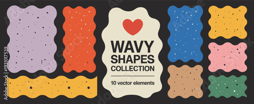 Collection of wavy abstract shapes with speckles and a central heart graphic on a dark background wavy shapes