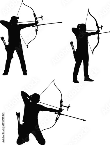 Archer Silhouette Set, Archery Athlete Shooting Bow and Arrow Isolated on White Background Collection