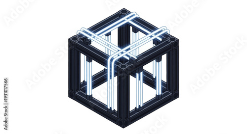 Black cube with glowing blue neon tubes inside