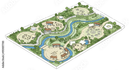 Aerial view of a park with winding river and circular gathering areas trees