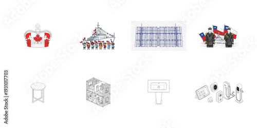 Chilean naval officers flags ship children crowd crown Canada U K style stool table house